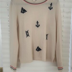 J. Crew Cream Sweater with Navy Nautical Accents 100% Cashmere